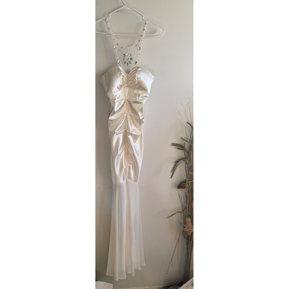 XSCAPE Joanna Chen Ivory Beaded Halter Ruched Mermaid Gown Dress CM1022 Mens 8